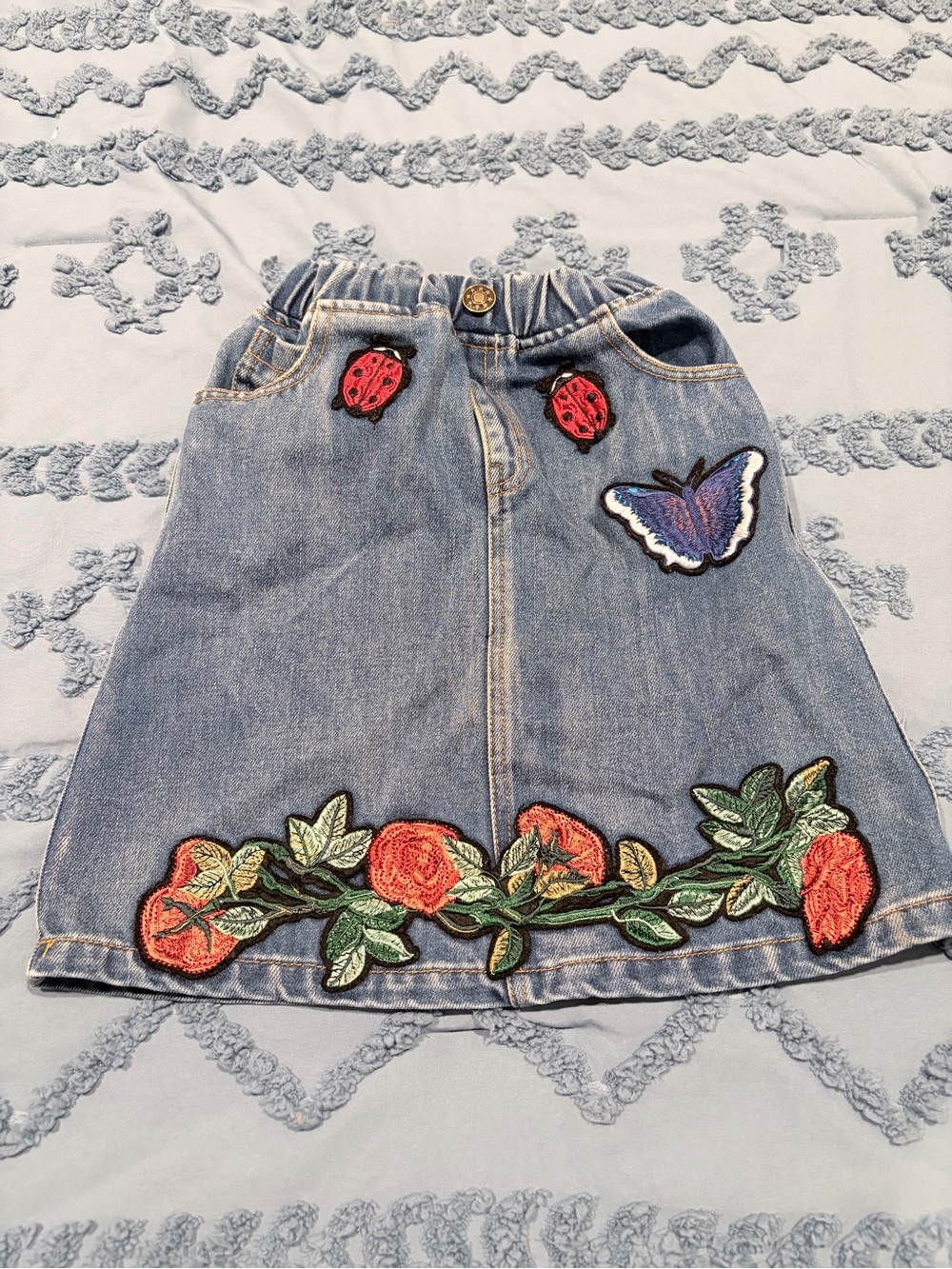 Lola + The Boys Denim Patched Skirt Size 8 Butterfly Ladybug Floral Embroidered